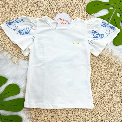Conj Blusa Off e Shorts Saia Listrado com Borboletas